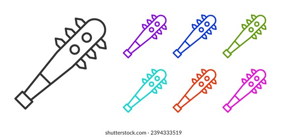 Black line Medieval chained mace ball icon isolated on white background. Morgenstern medieval weapon or mace with spikes. Set icons colorful. Vector