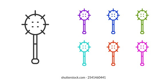 Línea negra Medieval encadenado icono de bola de maza aislado sobre fondo blanco. Arma medieval. Establecer iconos coloridos. Vector