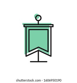 Black line Medieval flag icon isolated on white background. Country, state, or territory ruled by a king or queen.  Vector Illustration