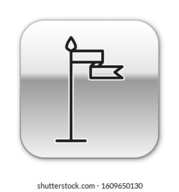 Black line Medieval flag icon isolated on white background. Country, state, or territory ruled by a king or queen. Silver square button. Vector Illustration