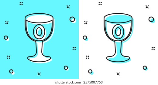 Black line Medieval goblet icon isolated on green and white background. Holy grail. Random dynamic shapes. Vector