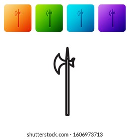 Black line Medieval halberd icon isolated on white background. Medieval weapon. Set icons in color square buttons. Vector Illustration