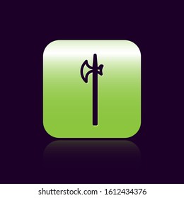 Black line Medieval halberd icon isolated on black background. Medieval weapon. Green square button. Vector Illustration