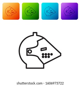 Black line Medieval iron helmet for head protection icon isolated on white background. Set icons in color square buttons. Vector Illustration