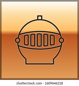 Black line Medieval iron helmet for head protection icon isolated on gold background.  Vector Illustration