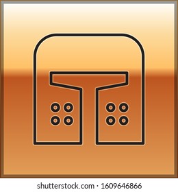 Black line Medieval iron helmet for head protection icon isolated on gold background.  Vector Illustration