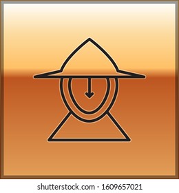 Black line Medieval iron helmet for head protection icon isolated on gold background.  Vector Illustration