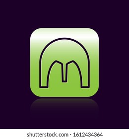 Black line Medieval iron helmet for head protection icon isolated on black background. Green square button. Vector Illustration