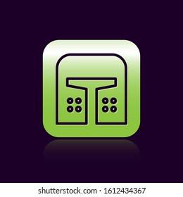 Black line Medieval iron helmet for head protection icon isolated on black background. Green square button. Vector Illustration