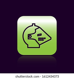 Black line Medieval iron helmet for head protection icon isolated on black background. Green square button. Vector Illustration