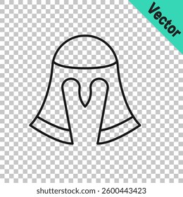 Black line Medieval iron helmet for head protection icon isolated on transparent background. Knight helmet.  Vector