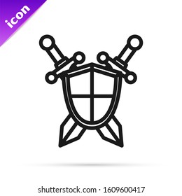 Black line Medieval shield with crossed swords icon isolated on white background.  Vector Illustration