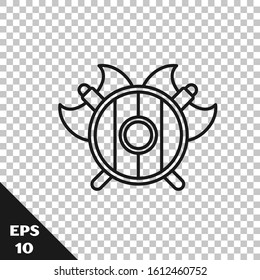 Black line Medieval shield with crossed axes icon isolated on transparent background. Battle axe, executioner axe.  Vector Illustration