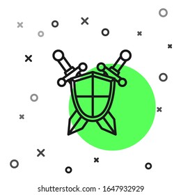 Black line Medieval shield with crossed swords icon isolated on white background.  Vector Illustration
