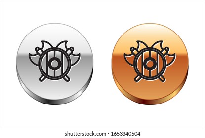 Black line Medieval shield with crossed axes icon isolated on white background. Battle axe, executioner axe. Silver-gold circle button. Vector Illustration