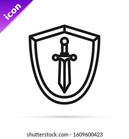 Black line Medieval shield with sword icon isolated on white background.  Vector Illustration