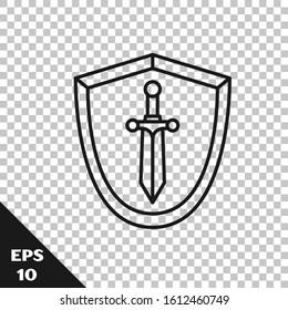 Black line Medieval shield with sword icon isolated on transparent background.  Vector Illustration
