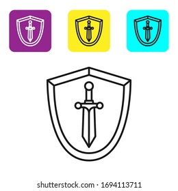 Black line Medieval shield with sword icon isolated on white background. Set icons colorful square buttons. Vector Illustration