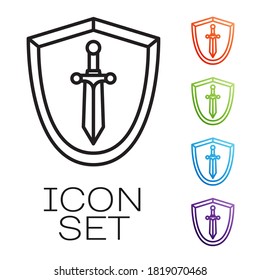 Black line Medieval shield with sword icon isolated on white background. Set icons colorful. Vector Illustration