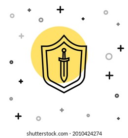 Línea negra Escudo medieval con icono de espada aislado en fondo blanco. Formas dinámicas aleatorias. Vector