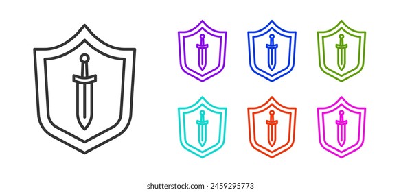 Black line Medieval shield with sword icon isolated on white background. Set icons colorful. Vector