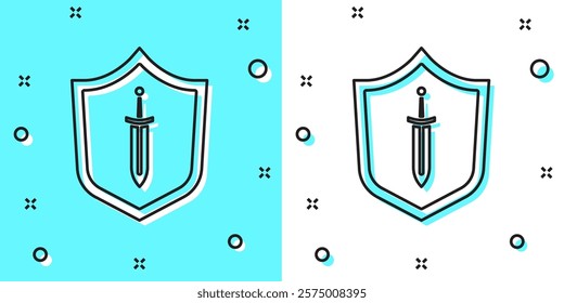 Black line Medieval shield with sword icon isolated on green and white background. Random dynamic shapes. Vector