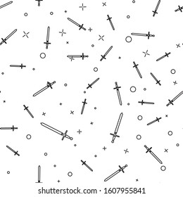 Black line Medieval sword icon isolated seamless pattern on white background. Medieval weapon.  Vector Illustration