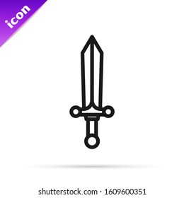 Black line Medieval sword icon isolated on white background.  Vector Illustration