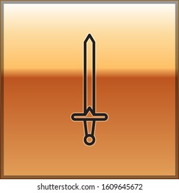 Black line Medieval sword icon isolated on gold background. Medieval weapon.  Vector Illustration