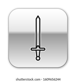 Black line Medieval sword icon isolated on white background. Medieval weapon. Silver square button. Vector Illustration