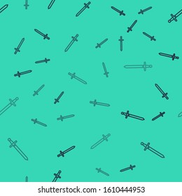 Black line Medieval sword icon isolated seamless pattern on green background. Medieval weapon.  Vector Illustration