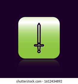 Black line Medieval sword icon isolated on black background. Medieval weapon. Green square button. Vector Illustration