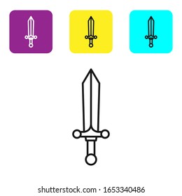 Black line Medieval sword icon isolated on white background. Set icons colorful square buttons. Vector Illustration