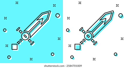 Black line Medieval sword icon isolated on green and white background. Medieval weapon. Random dynamic shapes. Vector