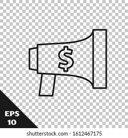Black line Megaphone and dollar icon isolated on transparent background. Loud speach alert concept. Bullhorn for Mouthpiece scream promotion.  Vector Illustration