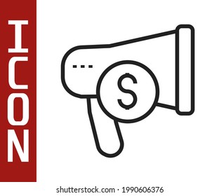 Black line Megaphone and dollar icon isolated on white background. Loud speech alert concept. Bullhorn for Mouthpiece scream promotion.  Vector