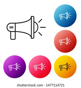 Black line Megaphone icon isolated on white background. Loud speach alert concept. Bullhorn for Mouthpiece scream promotion. Set icons colorful circle buttons. Vector Illustration