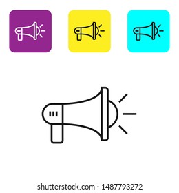 Black line Megaphone icon isolated on white background. Loud speach alert concept. Bullhorn for Mouthpiece scream promotion. Set icons colorful square buttons. Vector Illustration