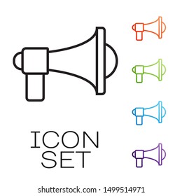 Black line Megaphone icon isolated on white background. Loud speach alert concept. Bullhorn for Mouthpiece scream promotion. Set icons colorful. Vector Illustration