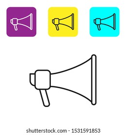 Black line Megaphone icon isolated on white background. Speaker sign. Set icons colorful square buttons. Vector Illustration