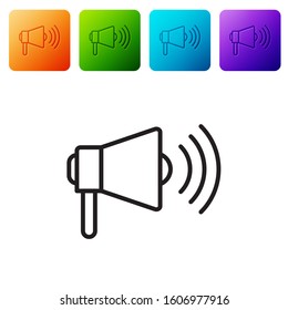 Black line Megaphone icon isolated on white background. Loud speach alert concept. Bullhorn for Mouthpiece scream promotion. Set icons in color square buttons. Vector Illustration