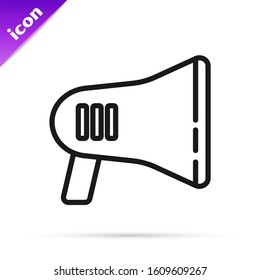 Black line Megaphone icon isolated on white background. Loud speach alert concept. Bullhorn for Mouthpiece scream promotion.  Vector Illustration