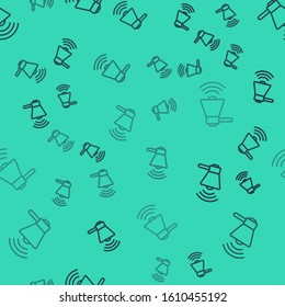Black line Megaphone icon isolated seamless pattern on green background. Loud speach alert concept. Bullhorn for Mouthpiece scream promotion.  Vector Illustration