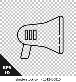 Black line Megaphone icon isolated on transparent background. Loud speach alert concept. Bullhorn for Mouthpiece scream promotion.  Vector Illustration
