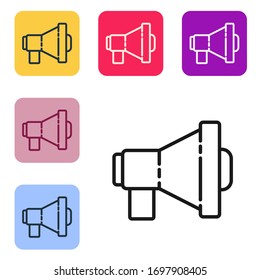 Schwarze Linie Megaphone Symbol einzeln auf weißem Hintergrund. Lautes Speach Alarm Konzept. Bullhorn für Mundstück schreien Promotion. Die Symbole werden in den Tasten für das Farbquadrat eingestellt. Vektorgrafik