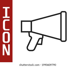 Icono Megáfono de línea negra aislado en fondo blanco. Firma del altavoz.  Vector