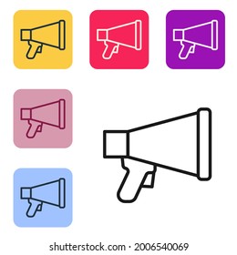 Black line Megaphone icon isolated on white background. Speaker sign. Set icons in color square buttons. Vector