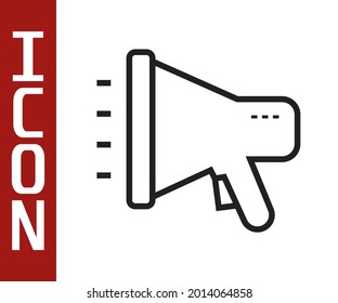 Icono Megáfono de línea negra aislado en fondo blanco. Firma del altavoz.  Vector