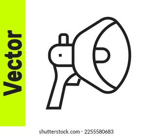 Icono Megáfono de línea negra aislado en fondo blanco. Firma del altavoz.  Vector
