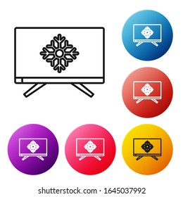 Black line Merry Christmas on television and snowflake icon isolated on white background. Happy New Year. Set icons colorful circle buttons. Vector Illustration